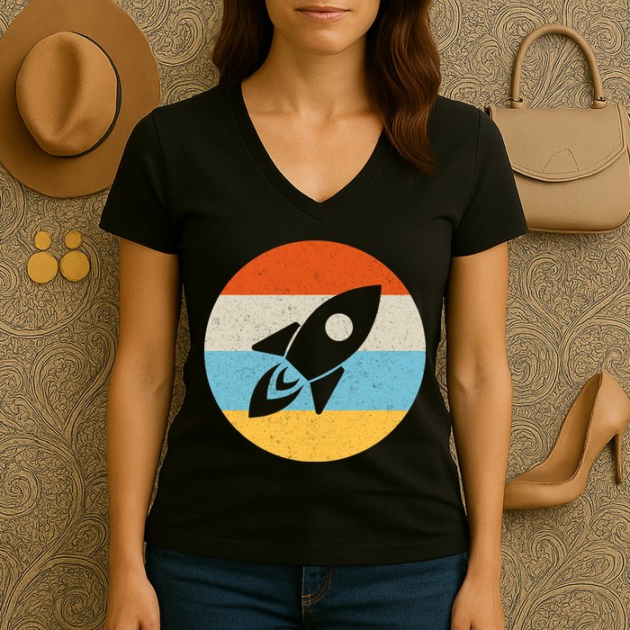 Retro Sunset Spaceship Women's V-Neck T-Shirt
