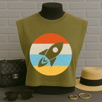 Retro Sunset Spaceship Garment-Dyed Women's Muscle Tee