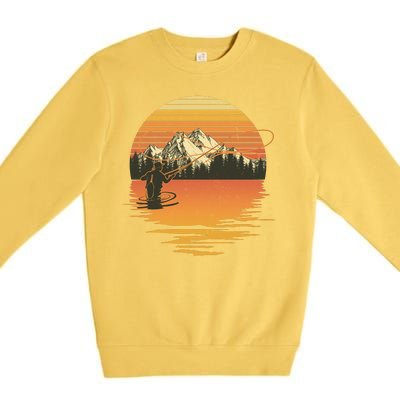 Retro Sunset Sunrise Fly Fisherman Premium Crewneck Sweatshirt