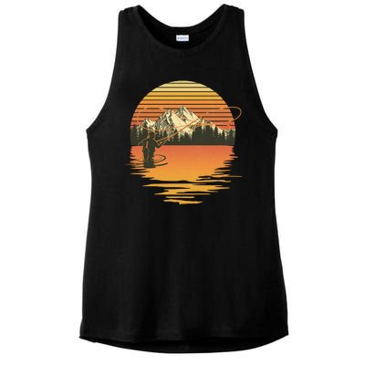 Retro Sunset Sunrise Fly Fisherman Ladies PosiCharge Tri-Blend Wicking Tank