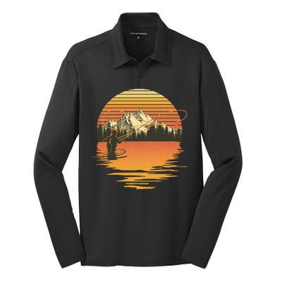 Retro Sunset Sunrise Fly Fisherman Silk Touch Performance Long Sleeve Polo