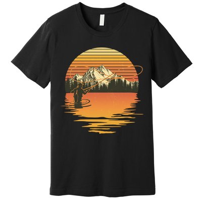Retro Sunset Sunrise Fly Fisherman Premium T-Shirt