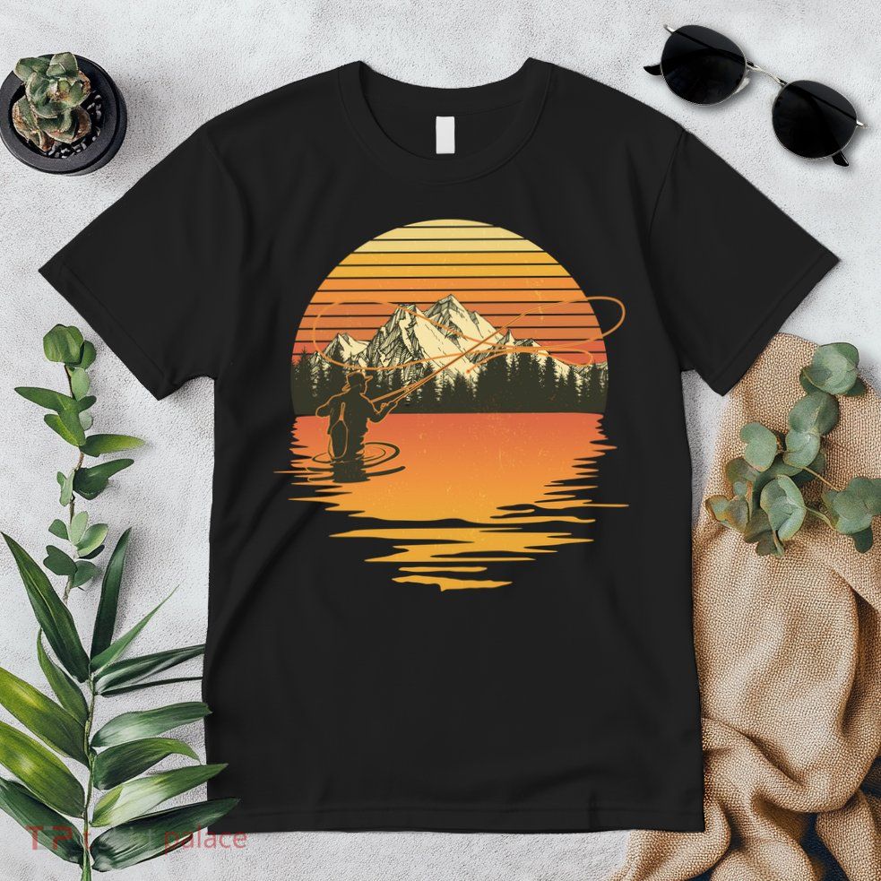 Retro Sunset Sunrise Fly Fisherman Premium T-Shirt