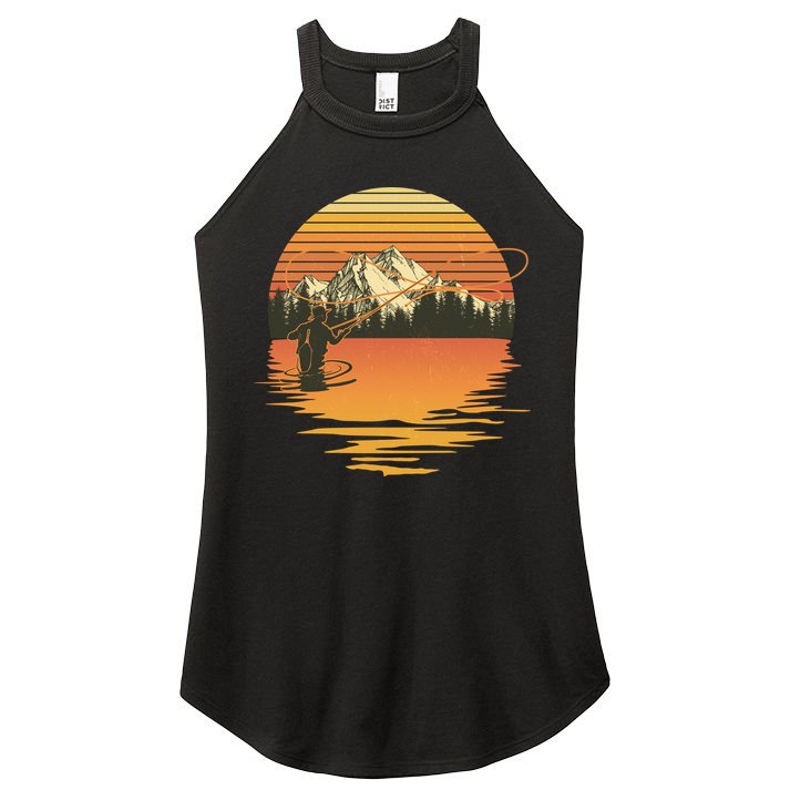 Retro Sunset Sunrise Fly Fisherman Women's Perfect Tri Rocker Tank