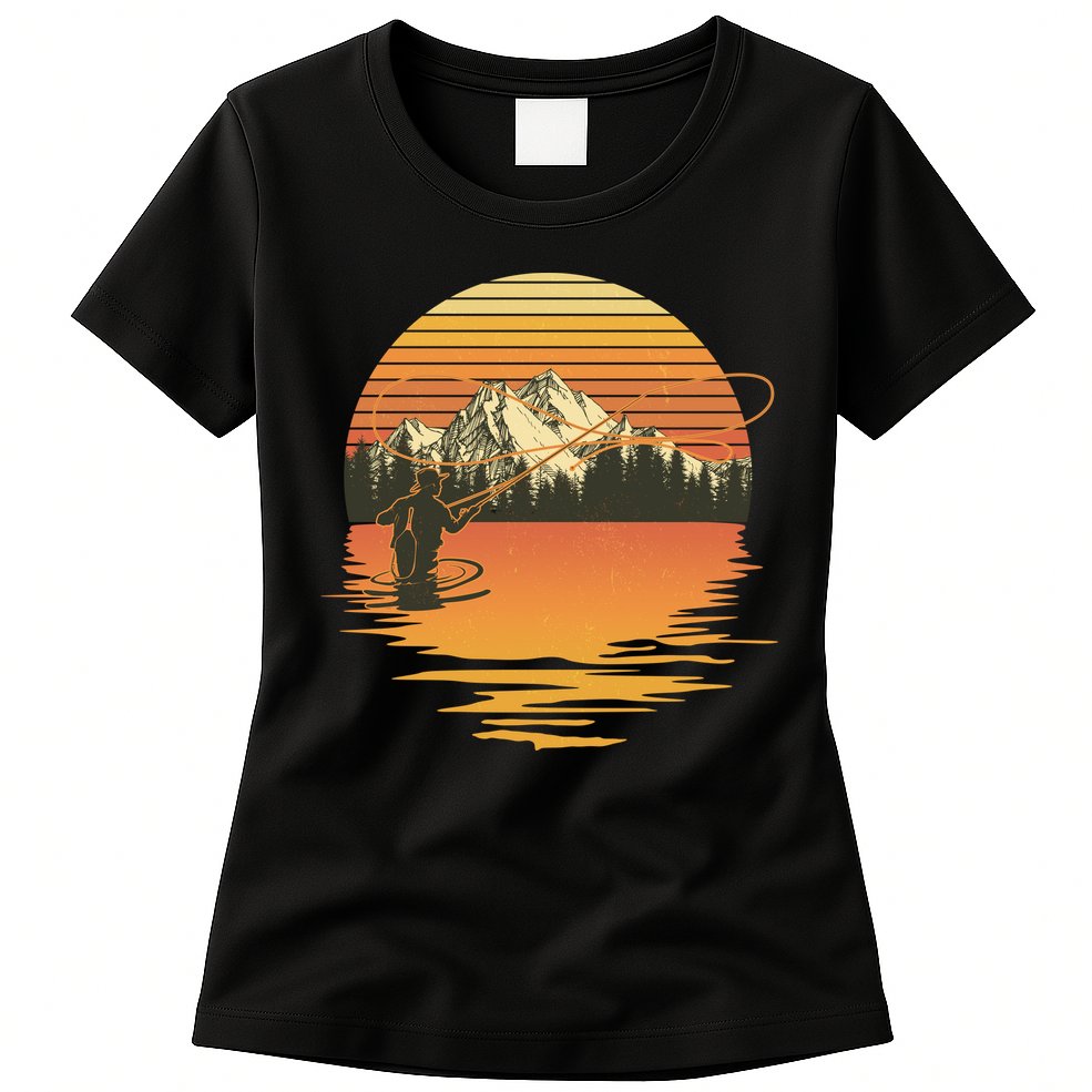 Retro Sunset Sunrise Fly Fisherman Womens T-Shirt
