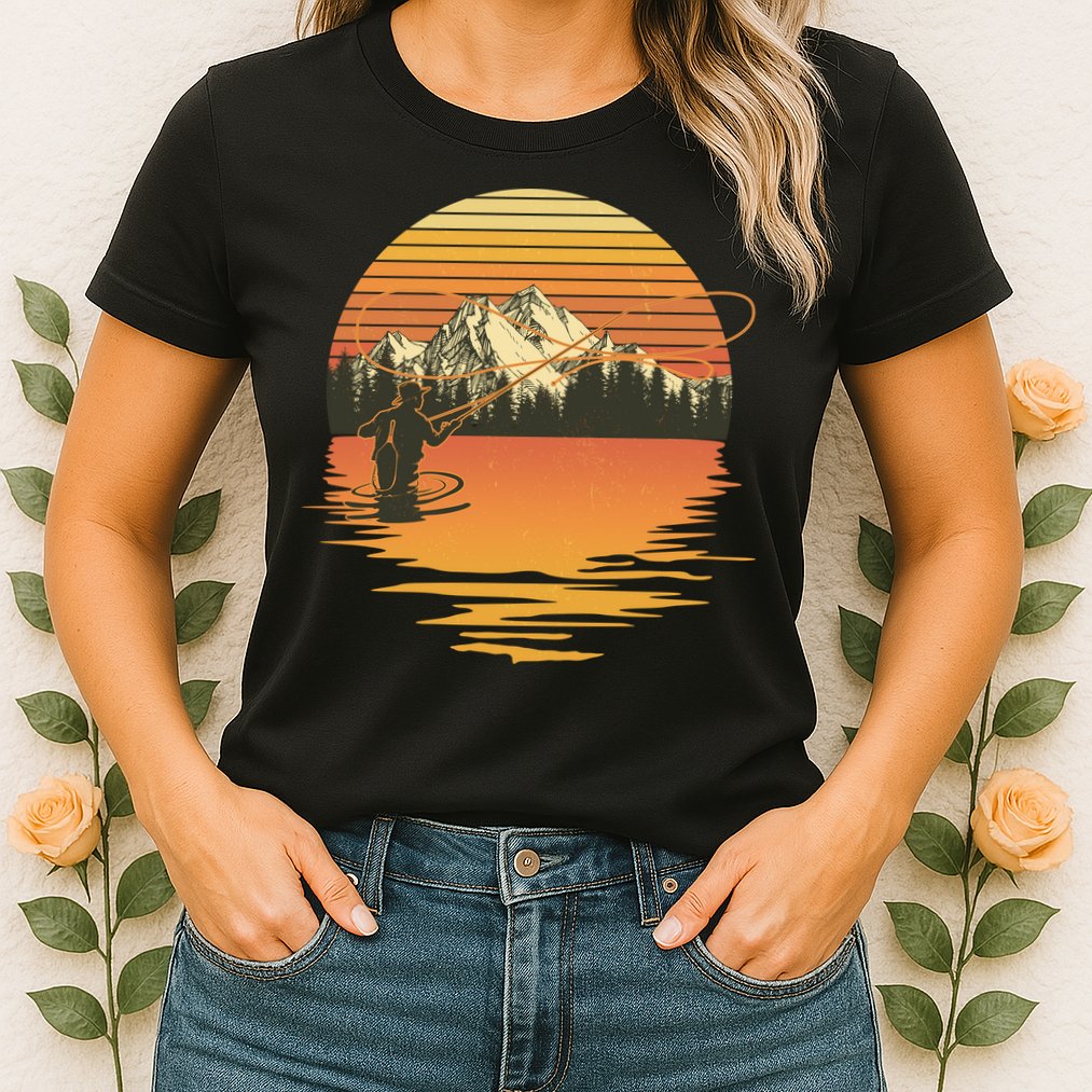Retro Sunset Sunrise Fly Fisherman Womens T-Shirt