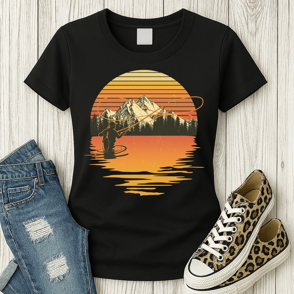 Retro Sunset Sunrise Fly Fisherman Womens T-Shirt