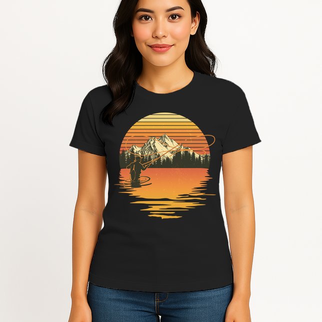 Retro Sunset Sunrise Fly Fisherman Womens T-Shirt