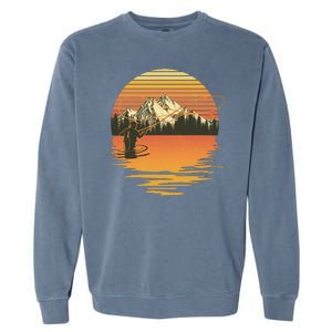 Retro Sunset Sunrise Fly Fisherman Garment-Dyed Sweatshirt