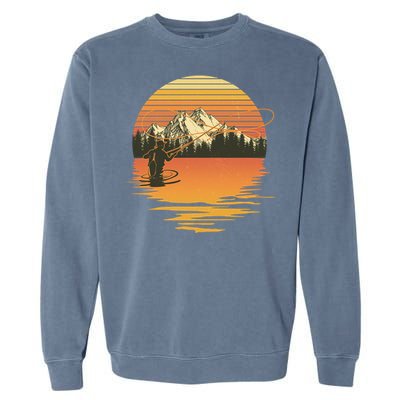 Retro Sunset Sunrise Fly Fisherman Garment-Dyed Sweatshirt