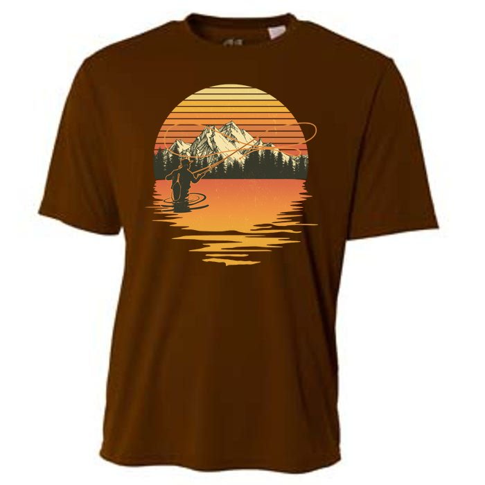 Retro Sunset Sunrise Fly Fisherman Cooling Performance Crew T-Shirt