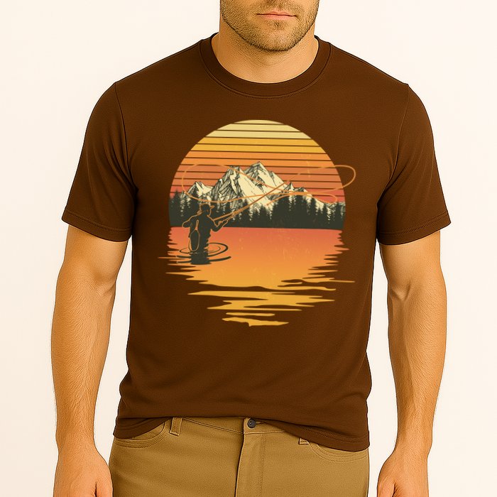 Retro Sunset Sunrise Fly Fisherman Cooling Performance Crew T-Shirt