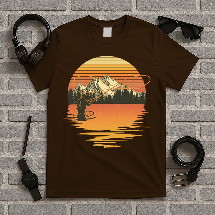 Retro Sunset Sunrise Fly Fisherman T-Shirt