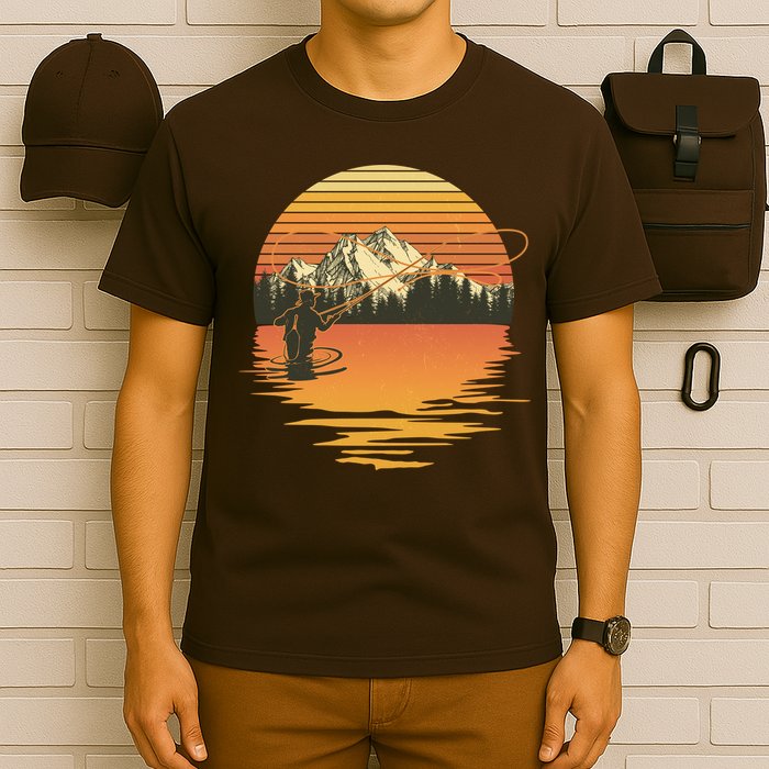 Retro Sunset Sunrise Fly Fisherman T-Shirt