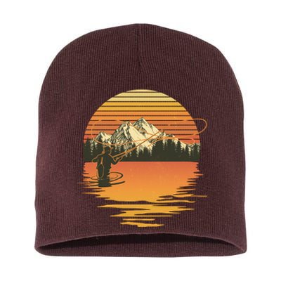 Retro Sunset Sunrise Fly Fisherman Short Acrylic Beanie