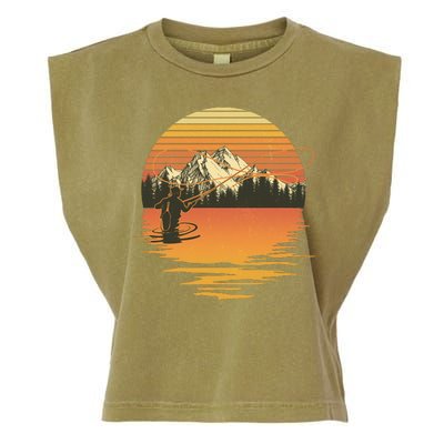 Retro Sunset Sunrise Fly Fisherman Garment-Dyed Women's Muscle Tee