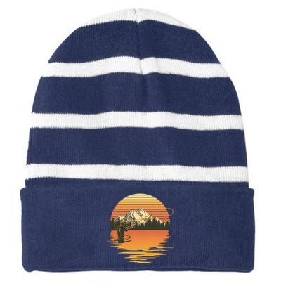 Retro Sunset Sunrise Fly Fisherman Striped Beanie with Solid Band