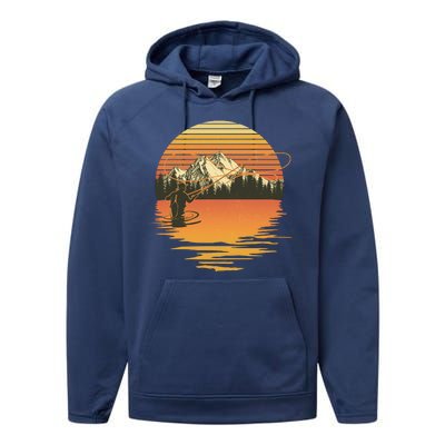 Retro Sunset Sunrise Fly Fisherman Performance Fleece Hoodie