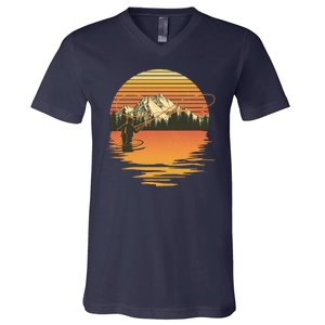 Retro Sunset Sunrise Fly Fisherman V-Neck T-Shirt