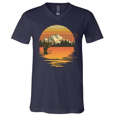 Retro Sunset Sunrise Fly Fisherman V-Neck T-Shirt