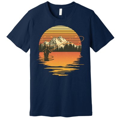 Retro Sunset Sunrise Fly Fisherman Premium T-Shirt