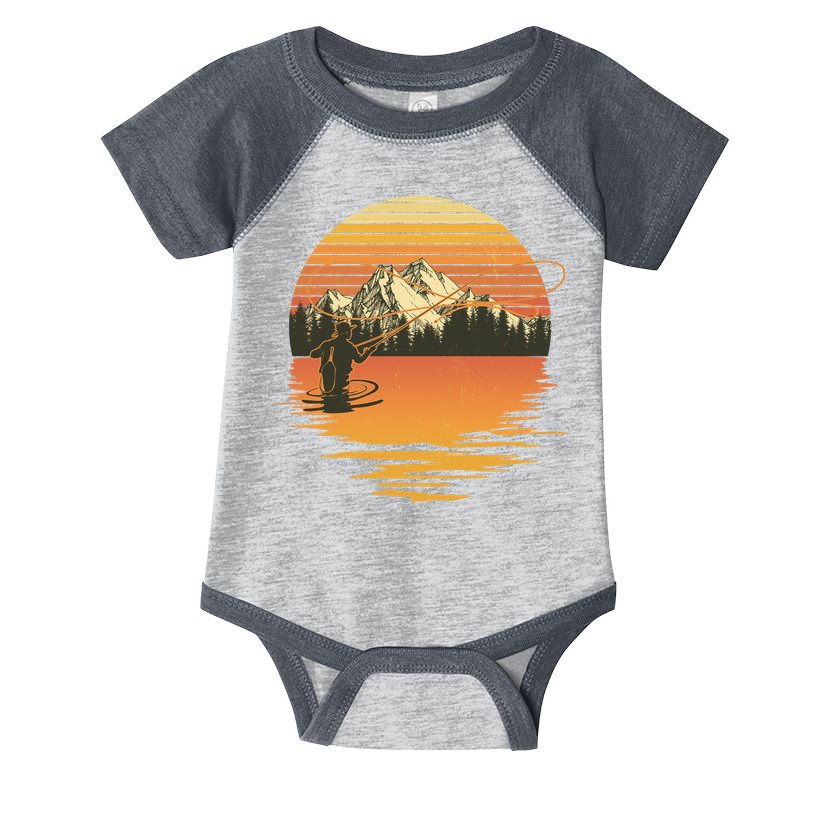 Retro Sunset Sunrise Fly Fisherman Infant Baby Jersey Bodysuit
