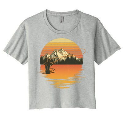 Retro Sunset Sunrise Fly Fisherman Women's Crop Top Tee