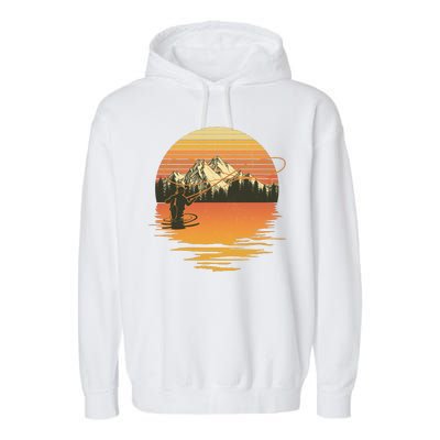 Retro Sunset Sunrise Fly Fisherman Garment-Dyed Fleece Hoodie