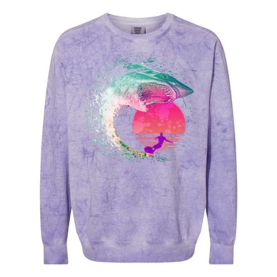 Retro Surfer Shark Wave Colorblast Crewneck Sweatshirt