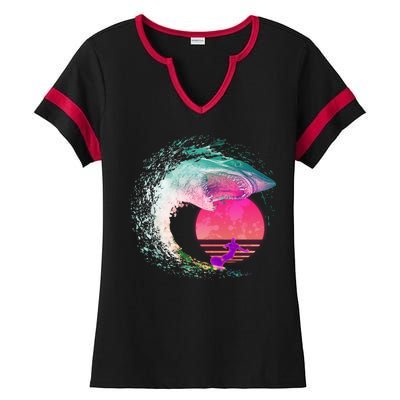 Retro Surfer Shark Wave Ladies Halftime Notch Neck Tee