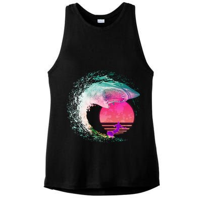Retro Surfer Shark Wave Ladies PosiCharge Tri-Blend Wicking Tank