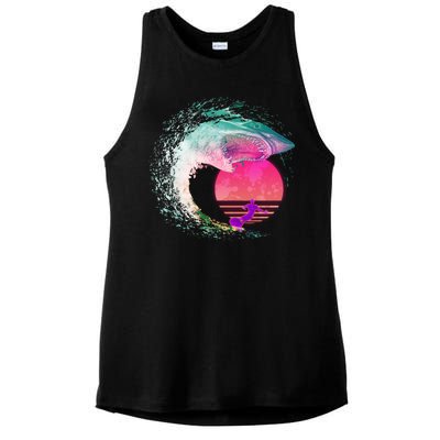 Retro Surfer Shark Wave Ladies PosiCharge Tri-Blend Wicking Tank