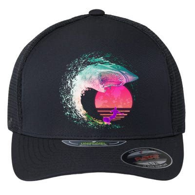 Retro Surfer Shark Wave Flexfit Unipanel Trucker Cap