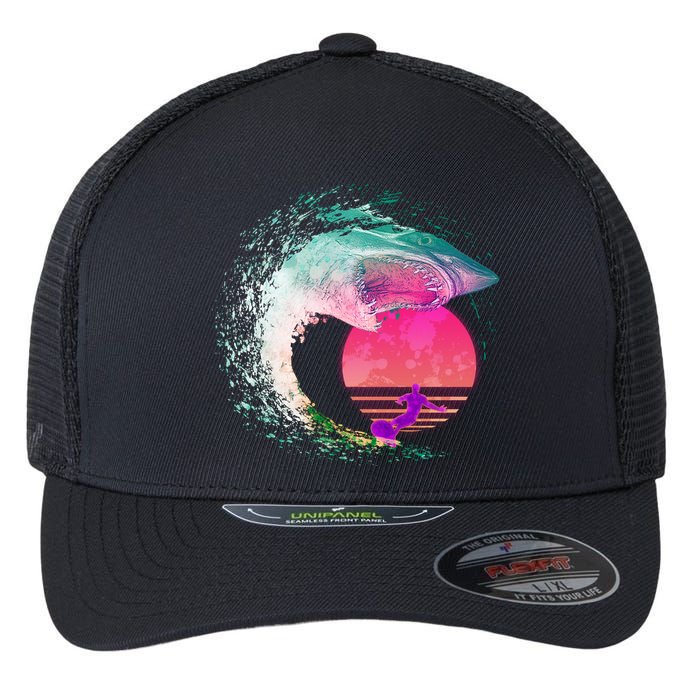 Retro Surfer Shark Wave Flexfit Unipanel Trucker Cap