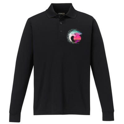 Retro Surfer Shark Wave Performance Long Sleeve Polo