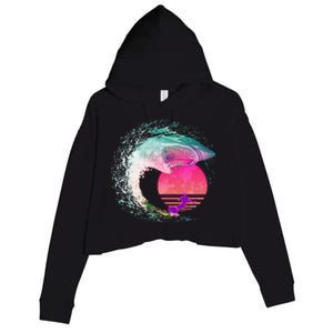 Retro Surfer Shark Wave Crop Fleece Hoodie