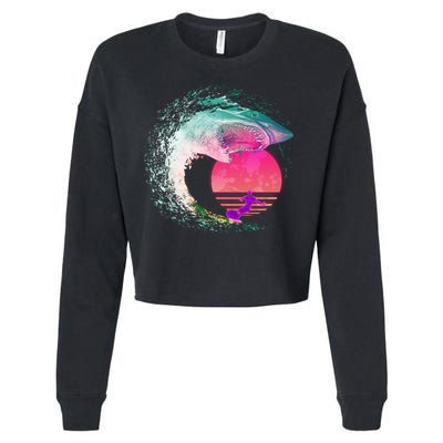 Retro Surfer Shark Wave Cropped Pullover Crew