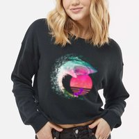 Retro Surfer Shark Wave Cropped Pullover Crew