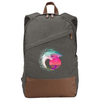 Retro Surfer Shark Wave Cotton Canvas Backpack