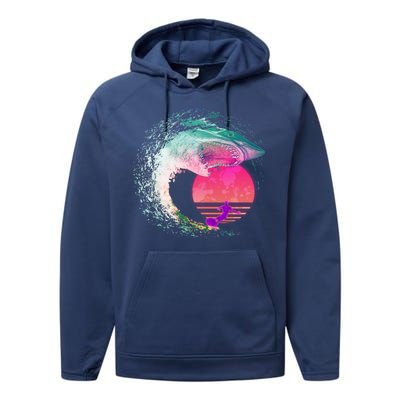 Retro Surfer Shark Wave Performance Fleece Hoodie