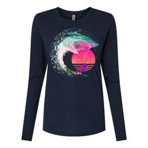 Retro Surfer Shark Wave Womens Cotton Relaxed Long Sleeve T-Shirt