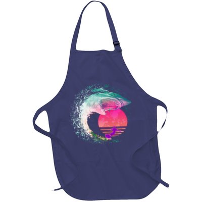 Retro Surfer Shark Wave Full-Length Apron With Pockets