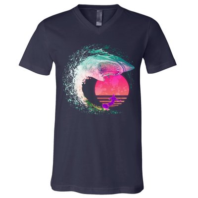 Retro Surfer Shark Wave V-Neck T-Shirt