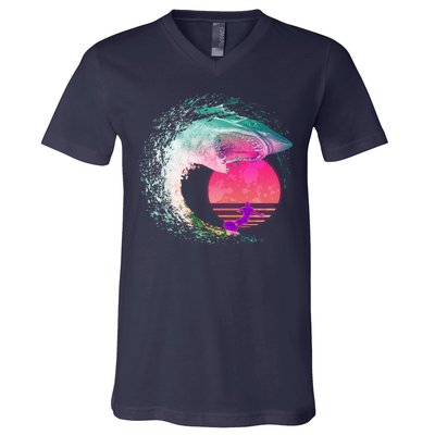 Retro Surfer Shark Wave V-Neck T-Shirt