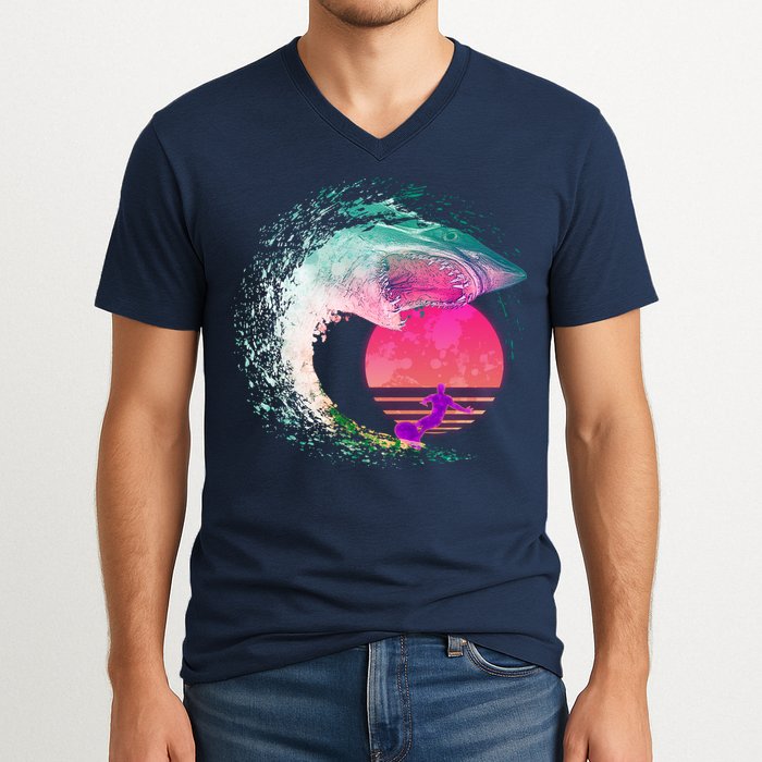 Retro Surfer Shark Wave V-Neck T-Shirt