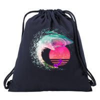 Retro Surfer Shark Wave Drawstring Bag