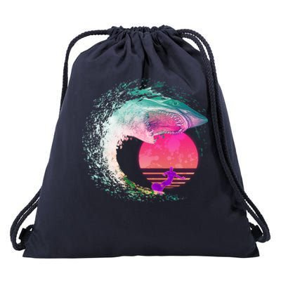 Retro Surfer Shark Wave Drawstring Bag