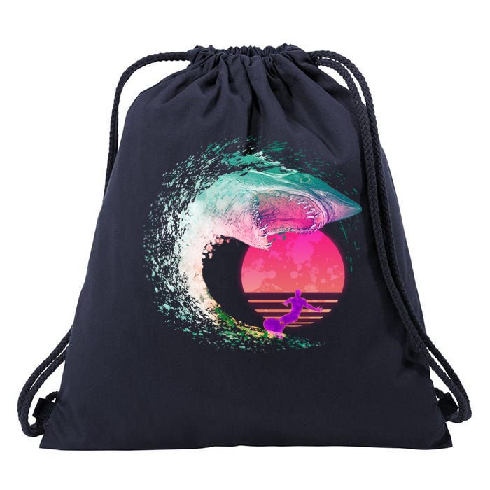 Retro Surfer Shark Wave Drawstring Bag