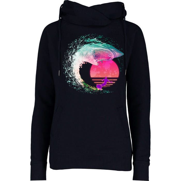 Retro Surfer Shark Wave Womens Funnel Neck Pullover Hood