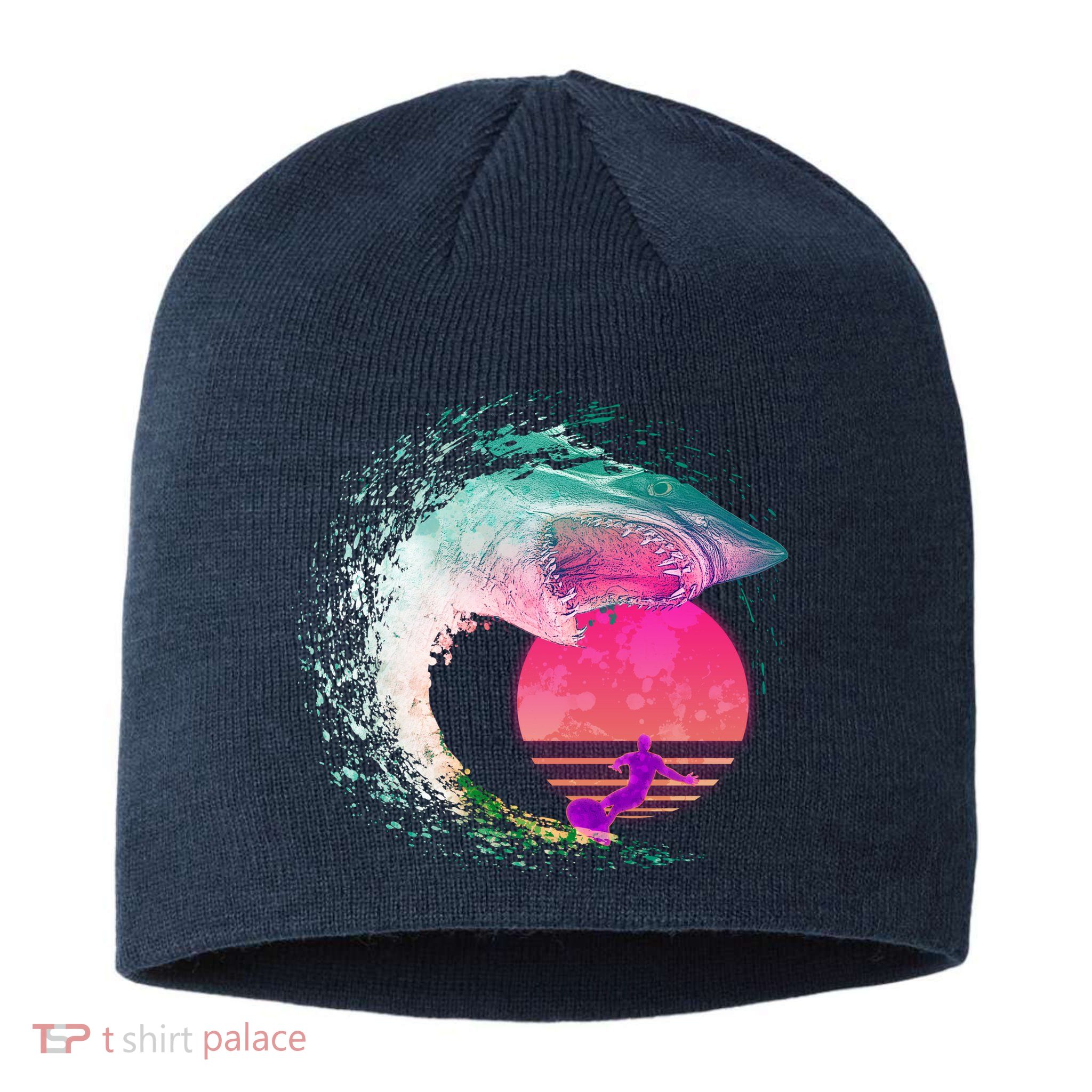 Retro Surfer Shark Wave Sustainable Beanie